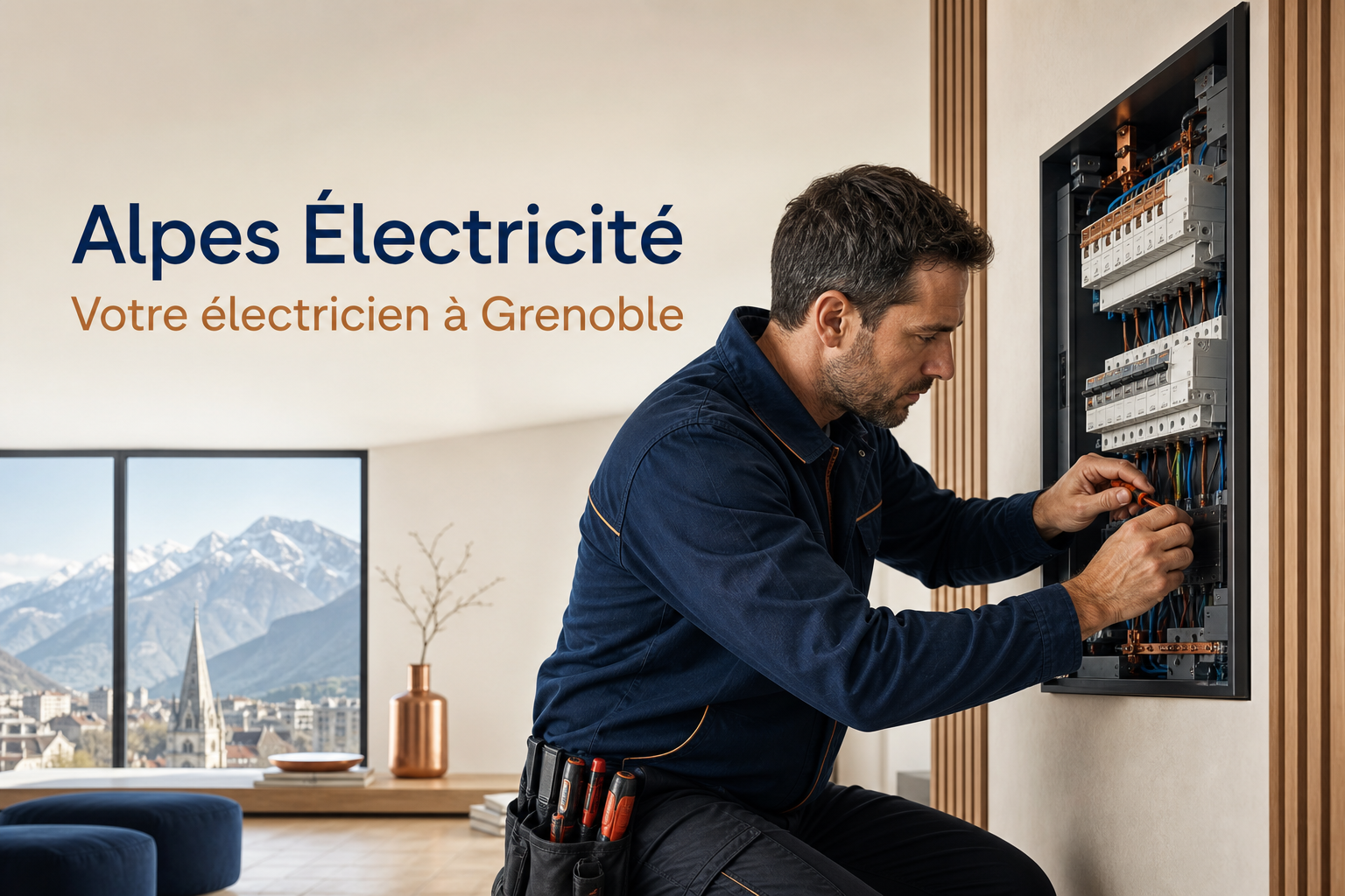 Électricien professionnel intervenant sur un tableau électrique moderne à Grenoble